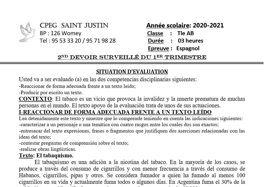 Aperçu de la première page — Tle A1 A2 B Espagnol 2ème Devoir 1er Trimestre CPEG Saint Justin 2021