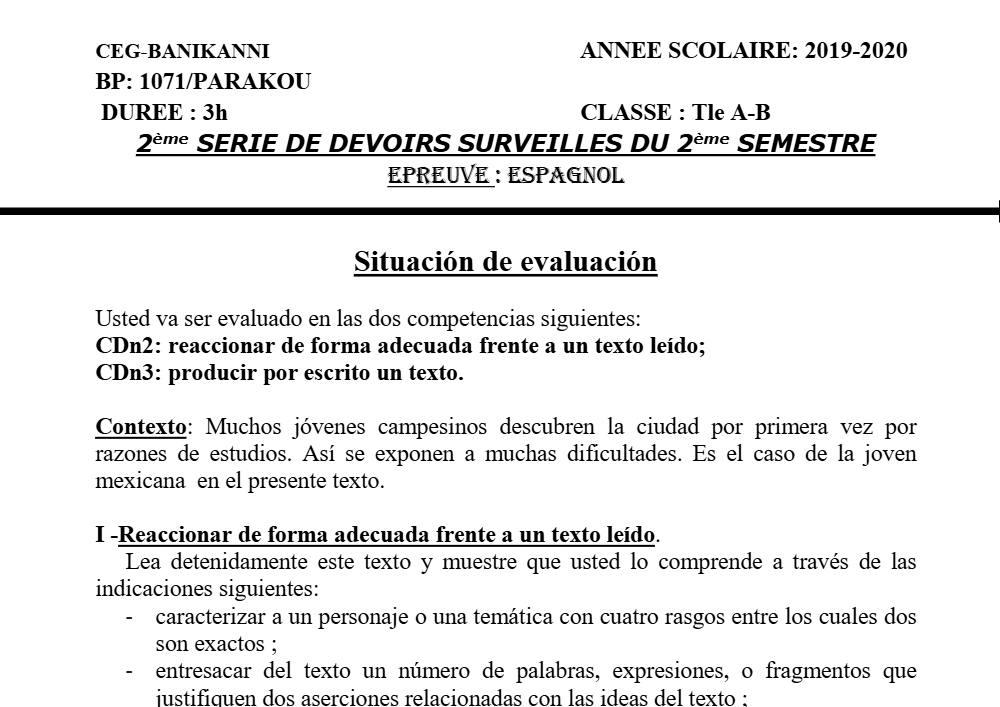 Aperçu de la première page — Tle A1 A2 B Espagnol 2ème Devoir 2ème Semestre CEG Banikanni 2019 2020