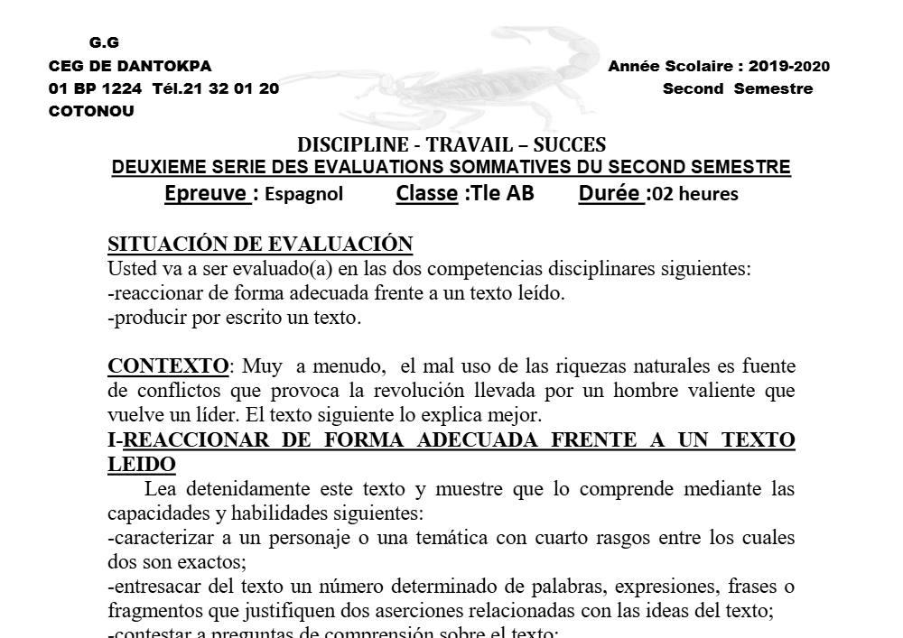 Aperçu de la première page — Tle A1 A2 B Espagnol 2ème Devoir 2ème Semestre CEG Dantokpa 2019 2020
