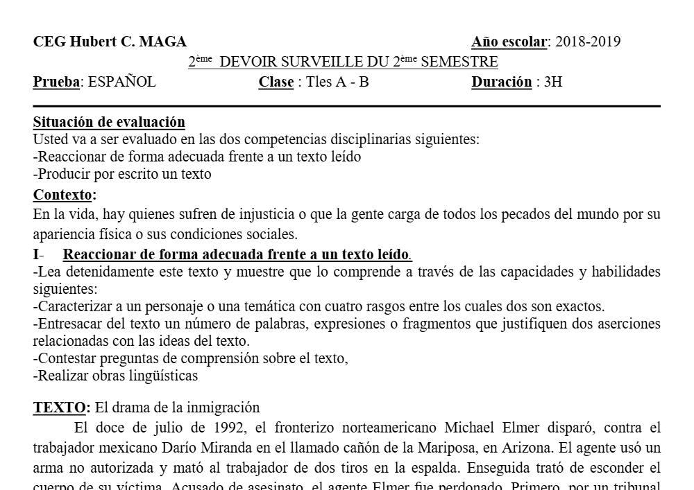 Aperçu de la première page — Tle A1 A2 B Espagnol 2ème Devoir 2ème Semestre CEG Hubert C Maga 2018 2019