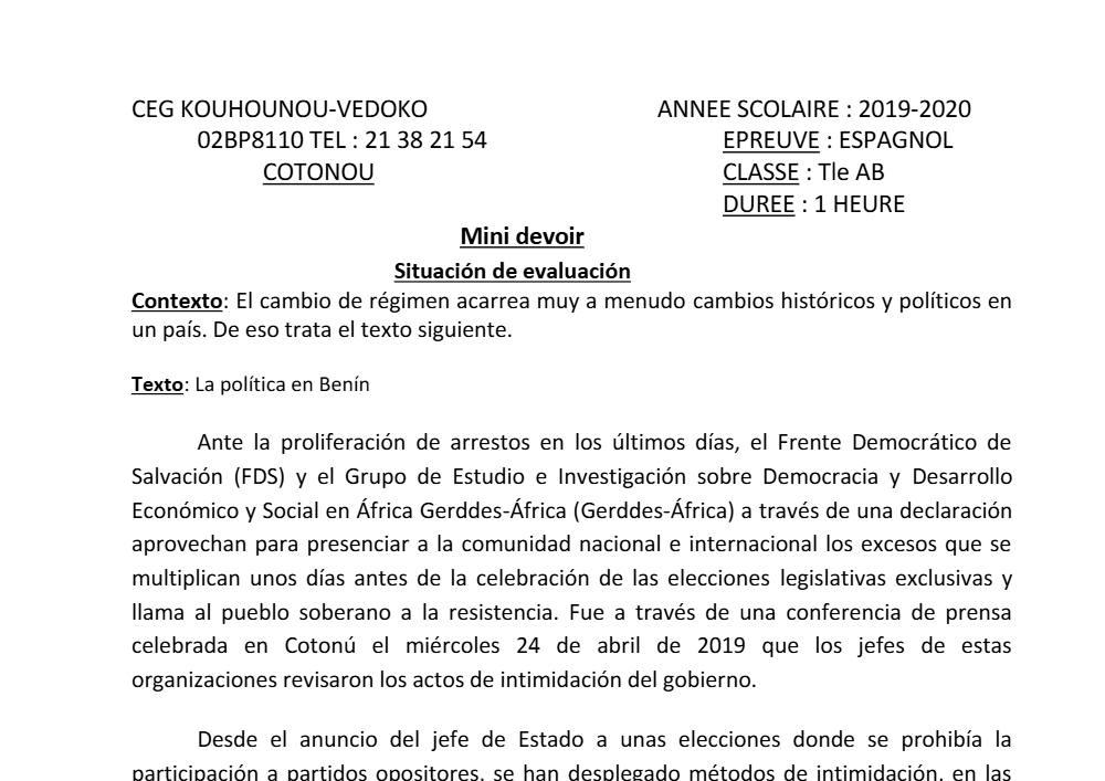Aperçu de la première page — Tle A1 A2 B Espagnol 2ème Devoir 2ème Semestre CEG Kouhounou 2019 2020