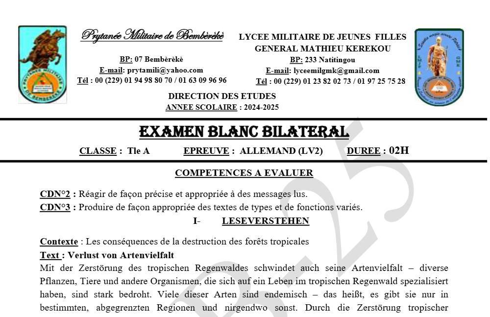 Aperçu de la première page — Allemand LV2 Série A BAC Blanc Bembèrèkè 2025