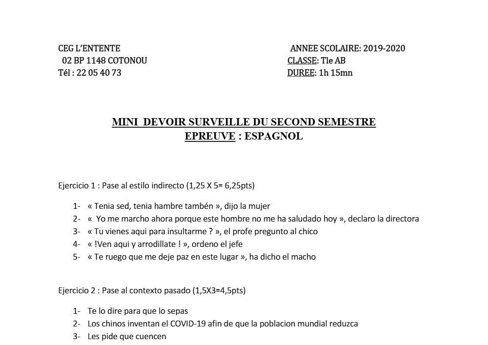 Aperçu de la première page — Tle A1 A2 B Espagnol 2ème Devoir 2ème Semestre CEG L'Entente 2019 2020