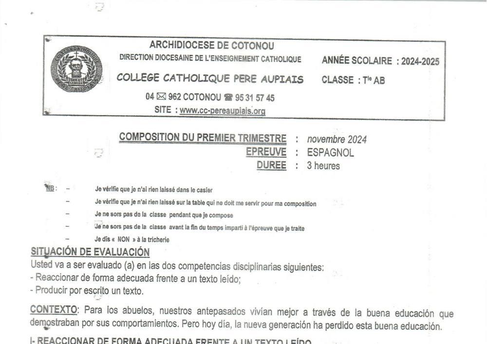 Aperçu de la première page — Tle A1 A2 B Espagnol 2ème Évaluation 1er Trimestre Collège Catholique Père Aupiais 2024 2025