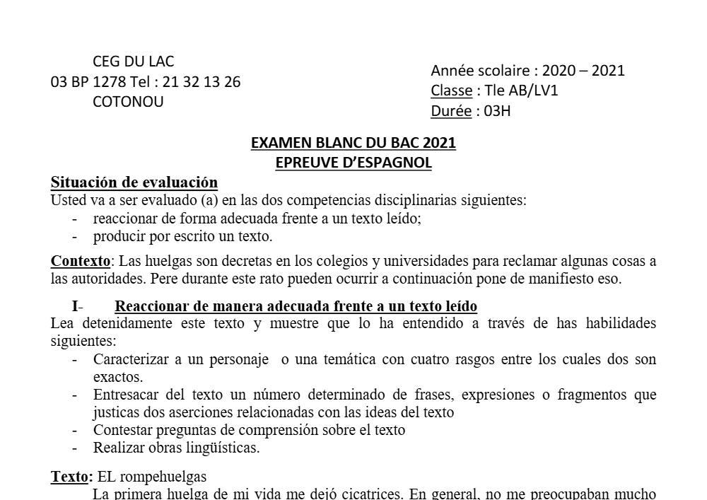 Aperçu de la première page — Tle A1 A2 B Espagnol BAC Blanc Ab Lv1 CEG Lac 2020 2021