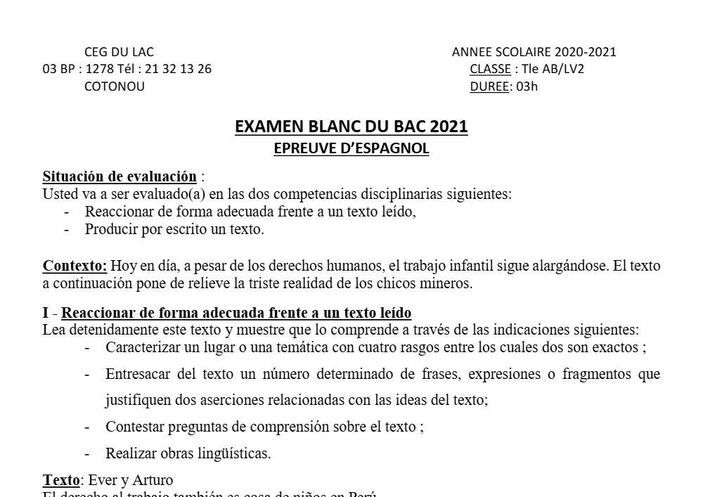 Aperçu de la première page — Tle A1 A2 B Espagnol BAC Blanc Ab Lv2 CEG Lac 2020 2021