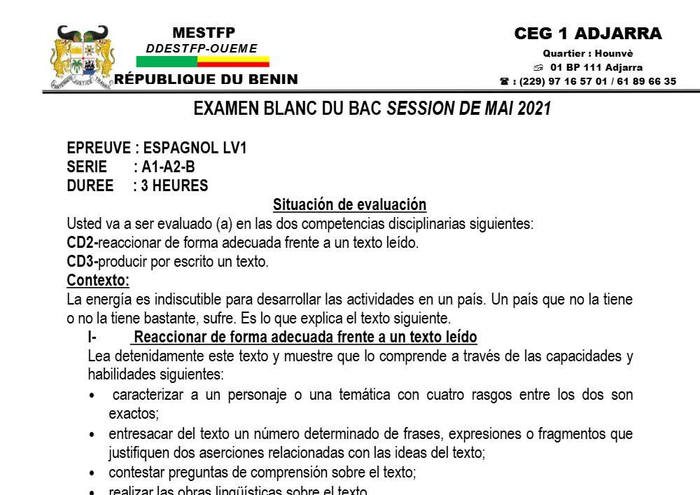 Aperçu de la première page — Tle A1 A2 B Espagnol BAC Blanc CEG1 Adjarra 2020 2021