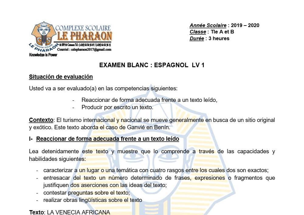 Aperçu de la première page — Tle A1 A2 B Espagnol BAC Blanc CS Le Pharaon 2019 2020