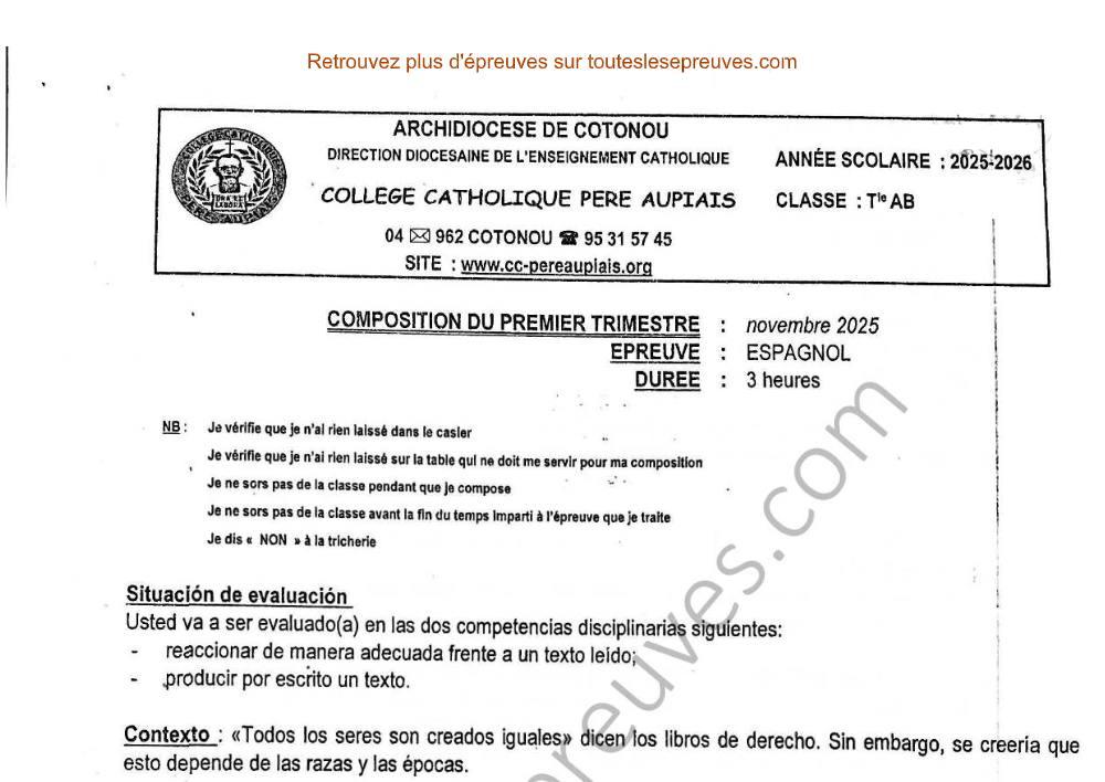 Aperçu de la première page — Tle A1 A2 B Espagnol Composition 1er Trimestre Collège Catholique Père Aupiais 2025 2026