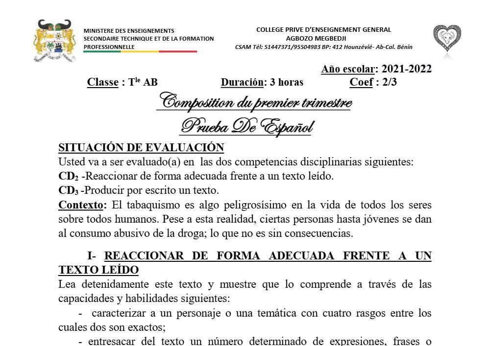 Aperçu de la première page — Espagnol Terminale — 3e devoir 1er trimestre 2021