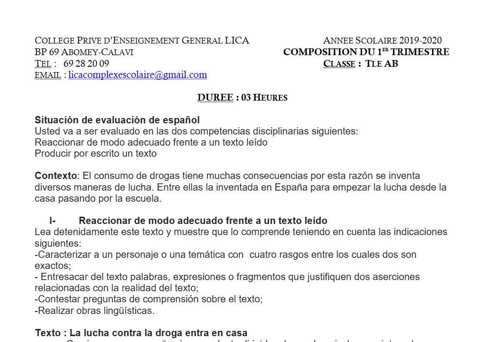 Aperçu de la première page — Tle A1 A2 B Espagnol Composition 1er Trimestre CPEG Lica 2019 2020