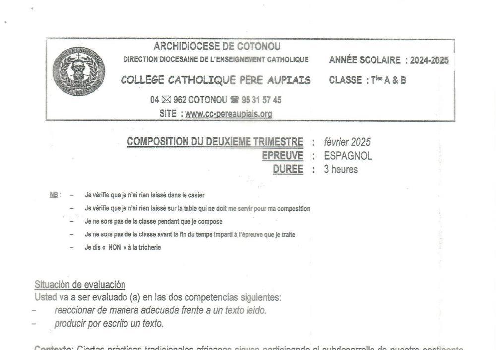 Aperçu de la première page — Tle A1 A2 B Espagnol Composition 2ème Trimestre Collège Catholique Père Aupiais Février 2025