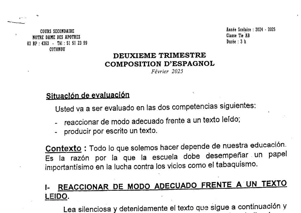 Aperçu de la première page — Tle A1 A2 B Espagnol Composition 2ème Trimestre CS Notre‑Dame des Apôtres Février 2025