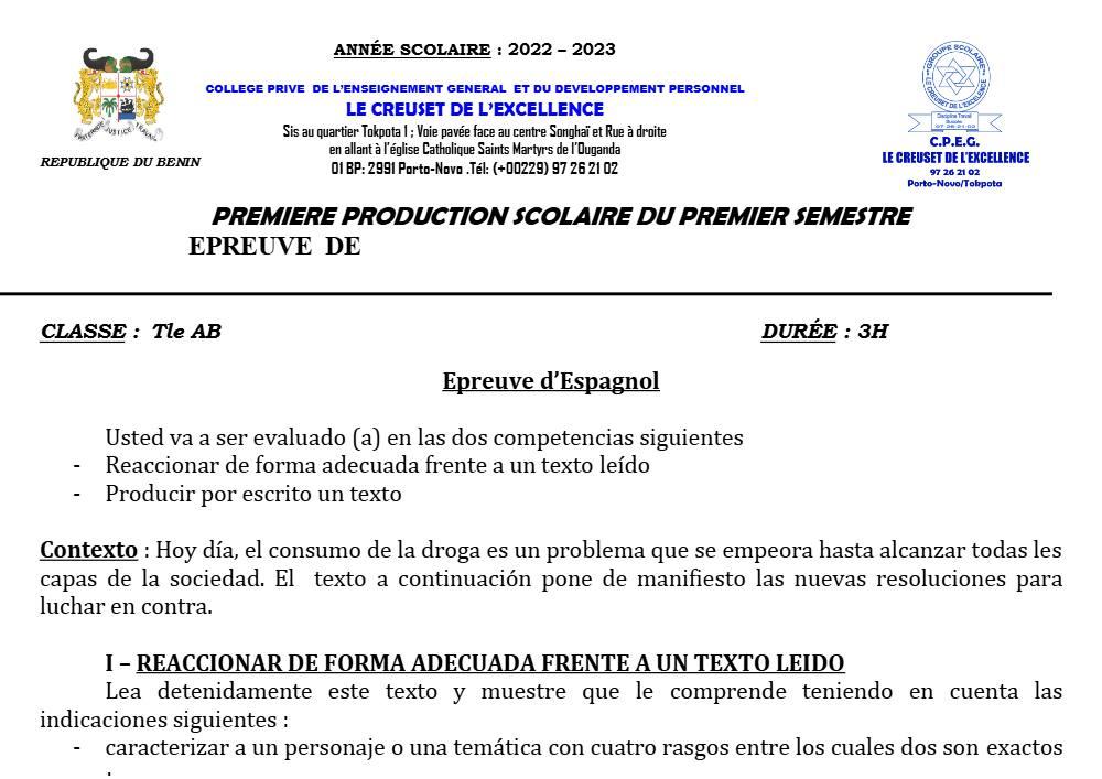 Aperçu de la première page — Tle A1 A2 B Espagnol Devoir Premier Premier CPEG Le Creuset L'Excellence 2022 2023