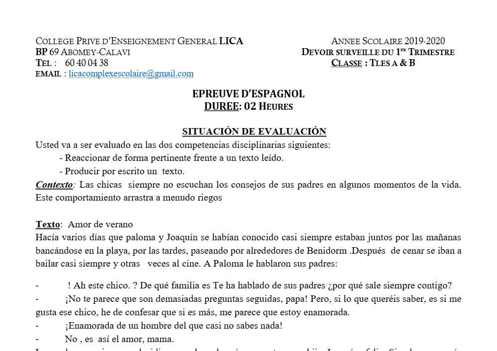 Aperçu de la première page — Tle A1 A2 B Espagnol Devoir 1er Trimestre Cepg Lica 2019 2020