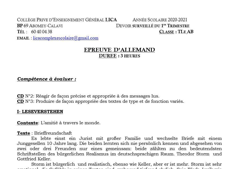 Aperçu de la première page — Tle A1 A2 B Espagnol Devoir 1er Trimestre CPEG Lica 2020 2021