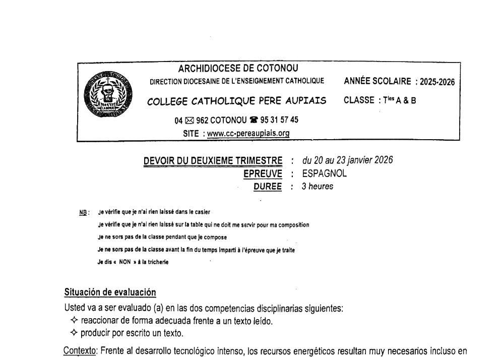 Aperçu de la première page — Tle A1 A2 B Espagnol Devoir 2ème Trimestre Collège Catholique Père Aupiais Janvier 2026