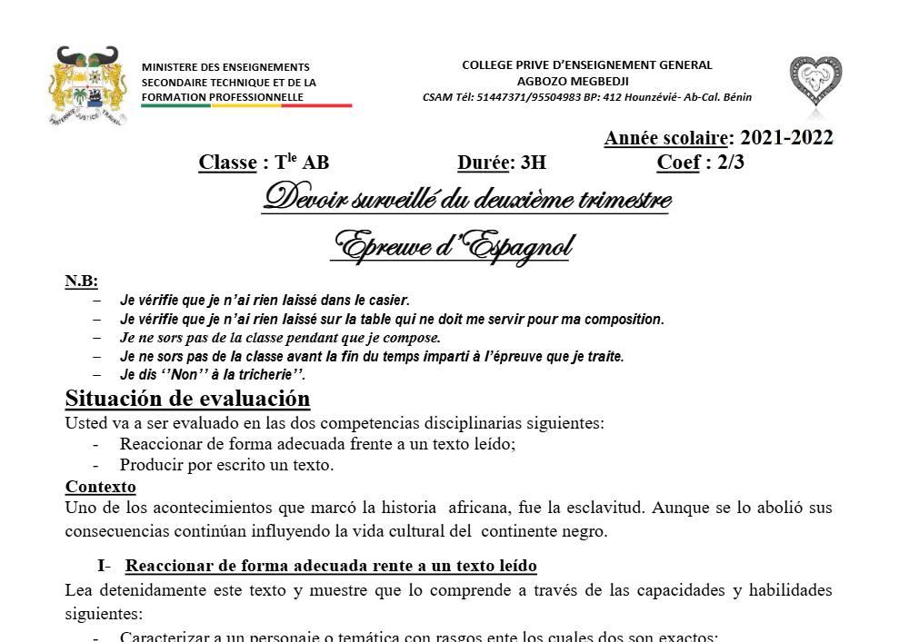 Aperçu de la première page — Tle A1 A2 B Espagnol Devoir 2ème Trimestre CPEG Agbozo Megbedji 2021 2022