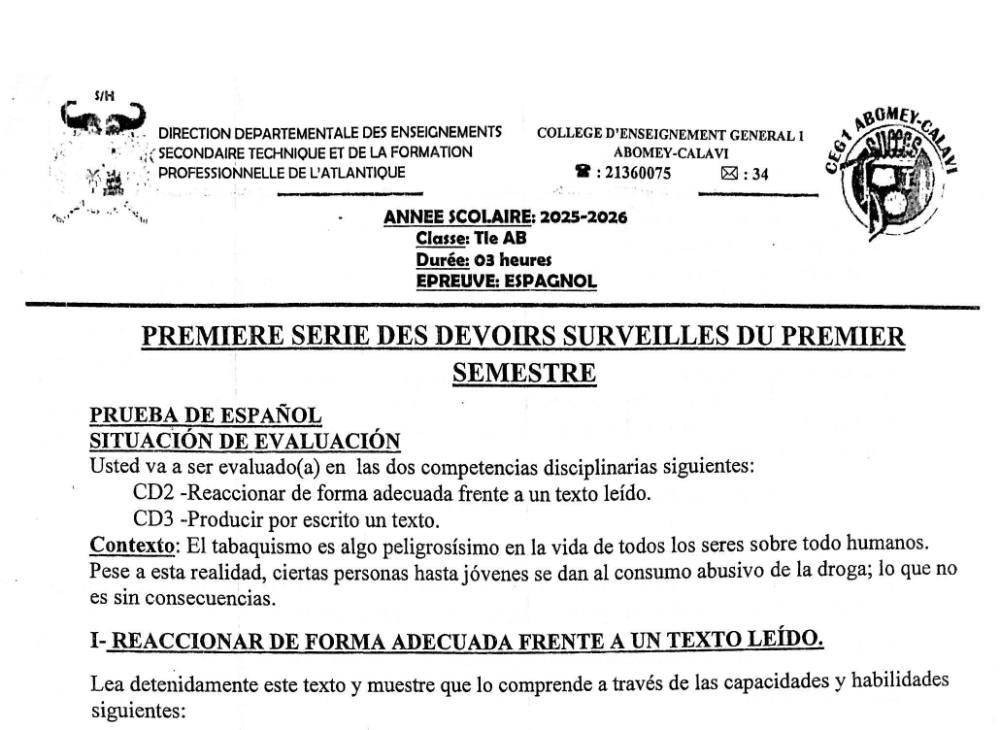Aperçu de la première page — Tle A1 A2 B Espagnol Devoir 3ème Trimestre Collège Catholique Père Aupiais CEG 2 Ikpinlé 2025