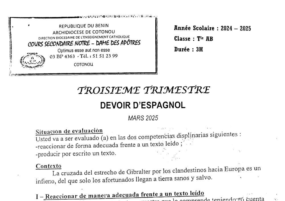 Aperçu de la première page — Tle A1 A2 B Espagnol Devoir 3ème Trimestre Cours Secondaire Notre Dame des Apôtres Mars 2025