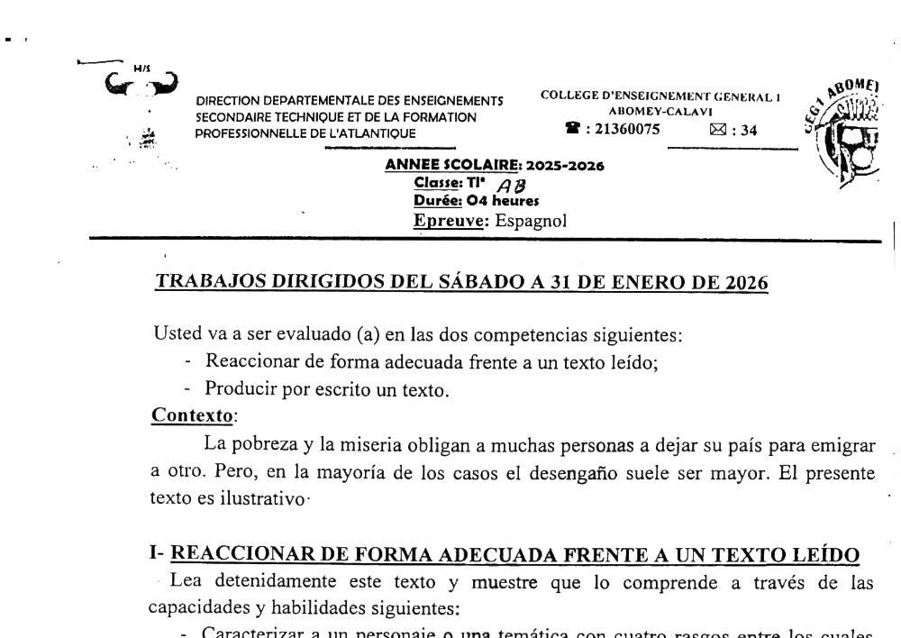 Aperçu de la première page — Tle A1 A2 B Espagnol Travaux Dirigés CEG1 Abomey Calavi Janvier 2026