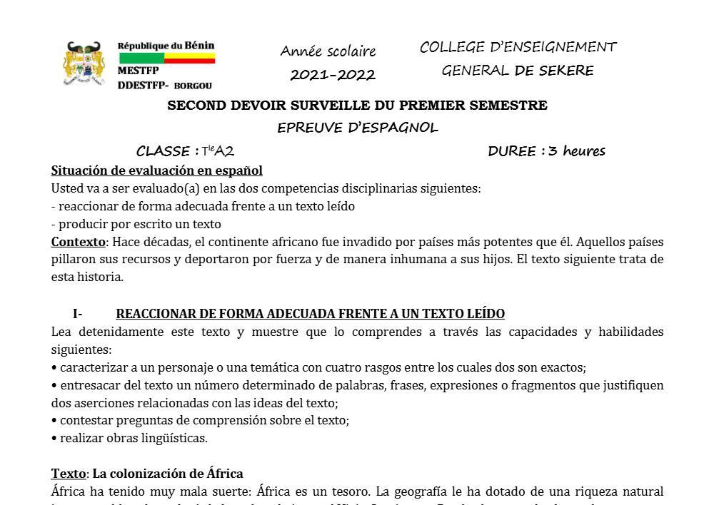 Aperçu de la première page — Tle A2 Espagnol 2ème Devoir 1er Semestre CEG Sékéré 2021 2022 (2)