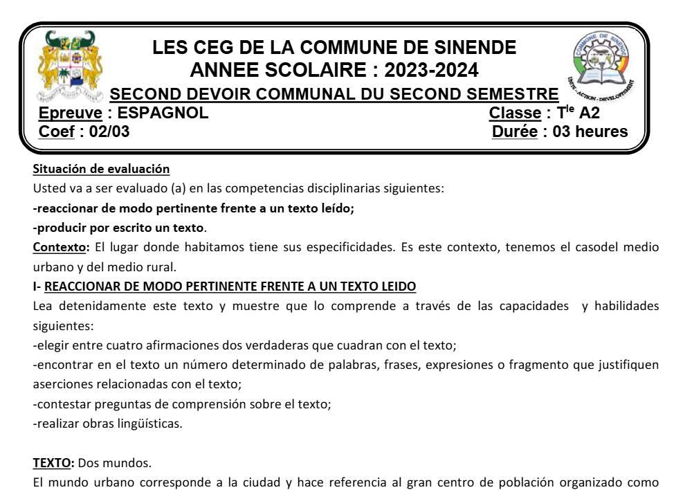 Aperçu de la première page — Tle A2 Espagnol 2ème Devoir 2ème Semestre Commune Sinende 2023 2024