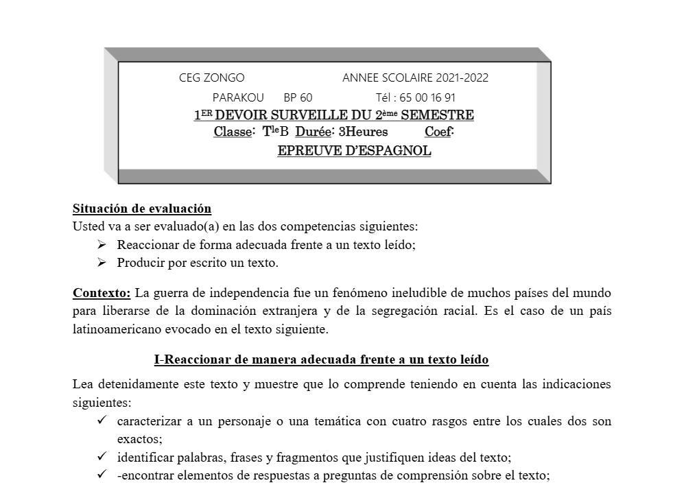 Aperçu de la première page — Tle B Espagnol 1er Devoir 2ème Semestre CEG Zongo 2021 2022