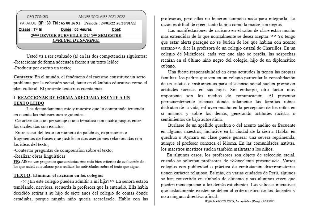 Aperçu de la première page — Tle B Espagnol 2ème Devoir 1er Semestre CEG Zongo 2021 2022