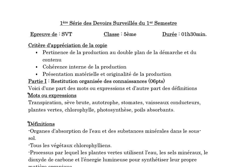 Aperçu de la première page — SVT 6e 1er Devoir 1er Semestre 5ème 2018 2019