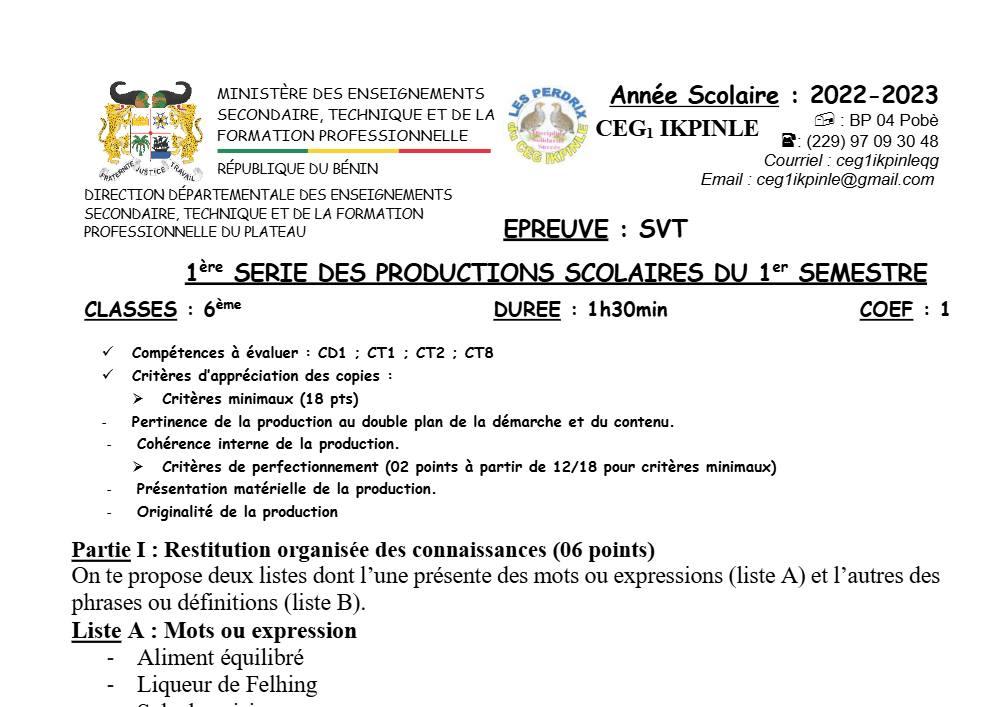 Aperçu de la première page — SVT 6e 1er Devoir 1er Semestre 6eme, CEG 1 Ikpinlè 2022 2023