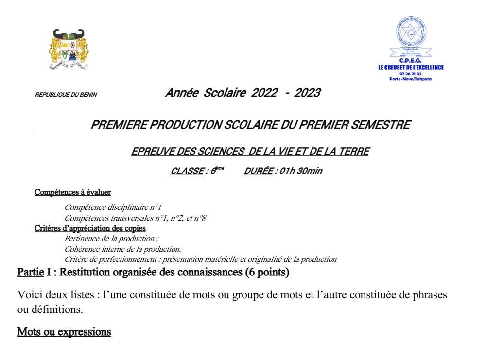 Aperçu de la première page — SVT 6e 1er Devoir 1er Semestre 6eme, CPEG Le Creuset de L'Excellence 2022 2023