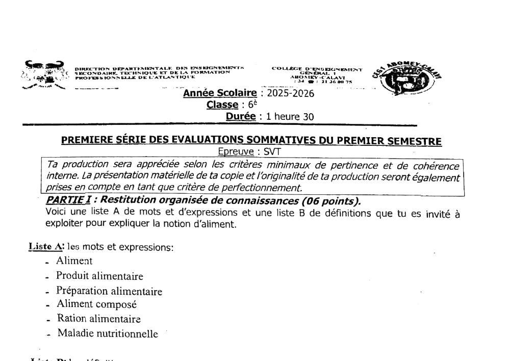 Aperçu de la première page — SVT 6e 1er Devoir 1er Semestre CEG 1 Abomey Calavi 2025 2026