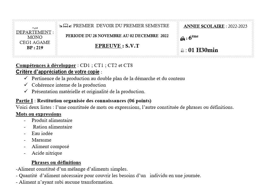 Aperçu de la première page — SVT 6e 1er Devoir 1er Semestre CEG1 Agame 2022 2023