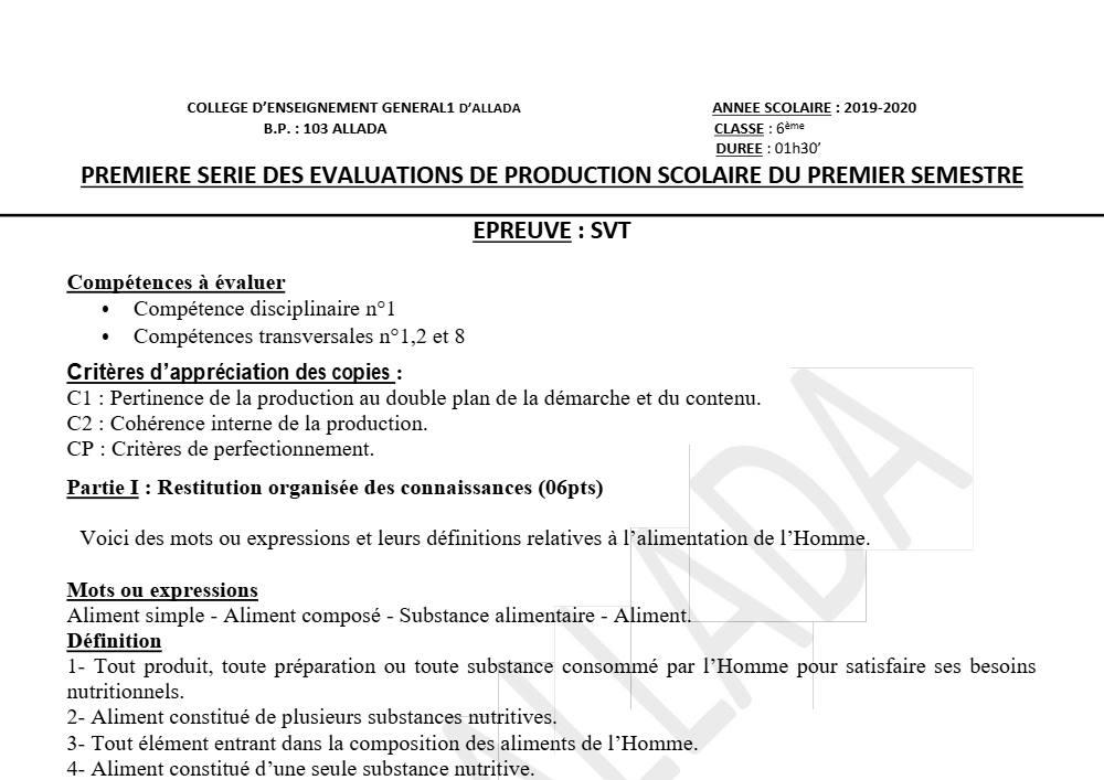 Aperçu de la première page — SVT 6e 1er Devoir 1er Semestre CEG1 Allada 2019 2020