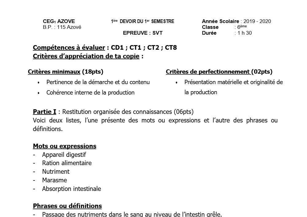 Aperçu de la première page — SVT 6e 1er Devoir 1er Semestre CEG1 Azové 2019 2020