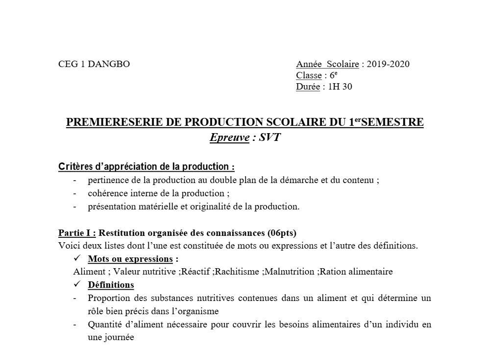Aperçu de la première page — SVT 6e 1er Devoir 1er Semestre CEG1 Dangbo 2019 2020
