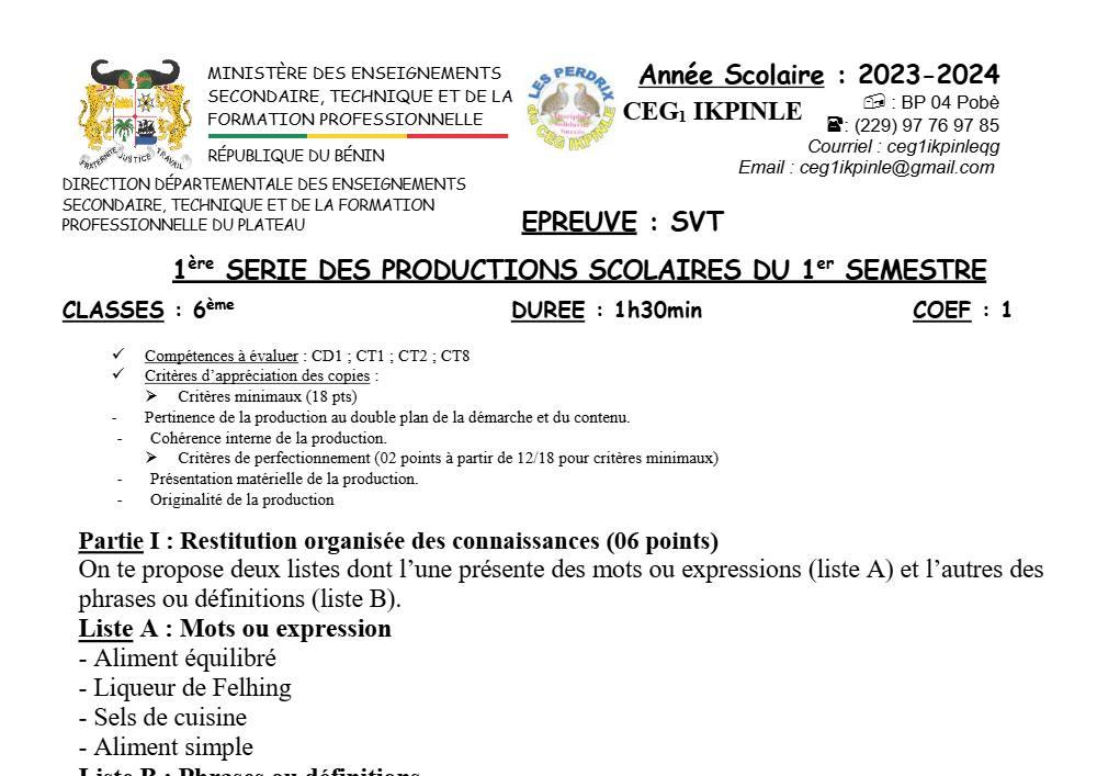 Aperçu de la première page — SVT 6e 1er Devoir 1er Semestre CEG1 Ikpinlè 2023 2024