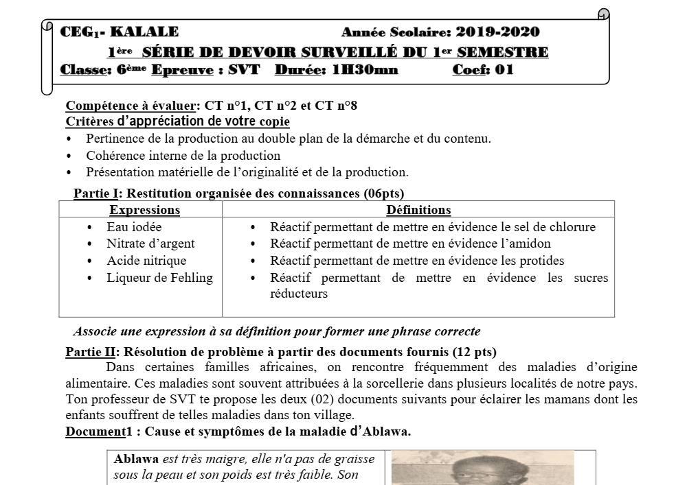 Aperçu de la première page — SVT 6e 1er Devoir 1er Semestre CEG1 Kalalé 2019 2020