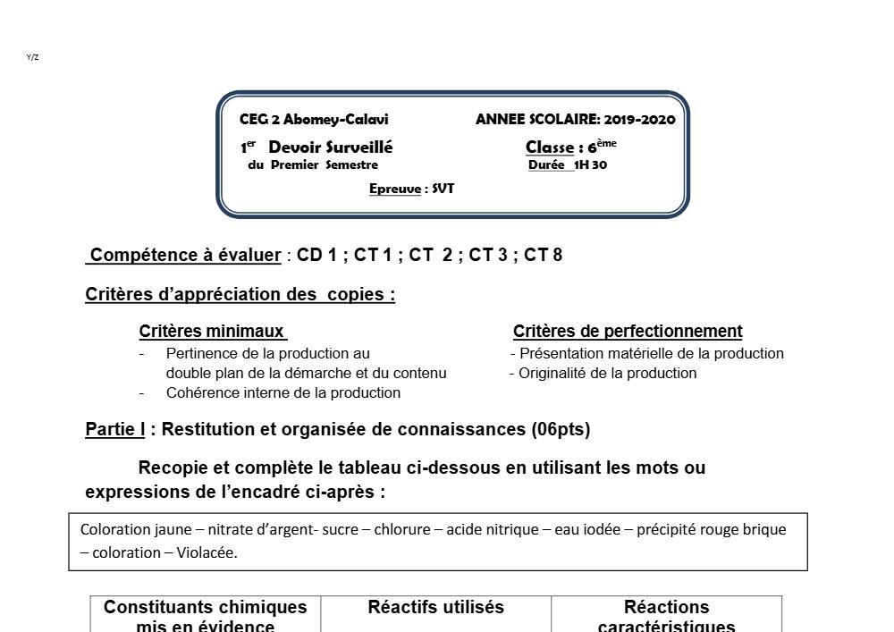 Aperçu de la première page — SVT 6e 1er Devoir 1er Semestre CEG2 Abomey Calavi 2019 2020