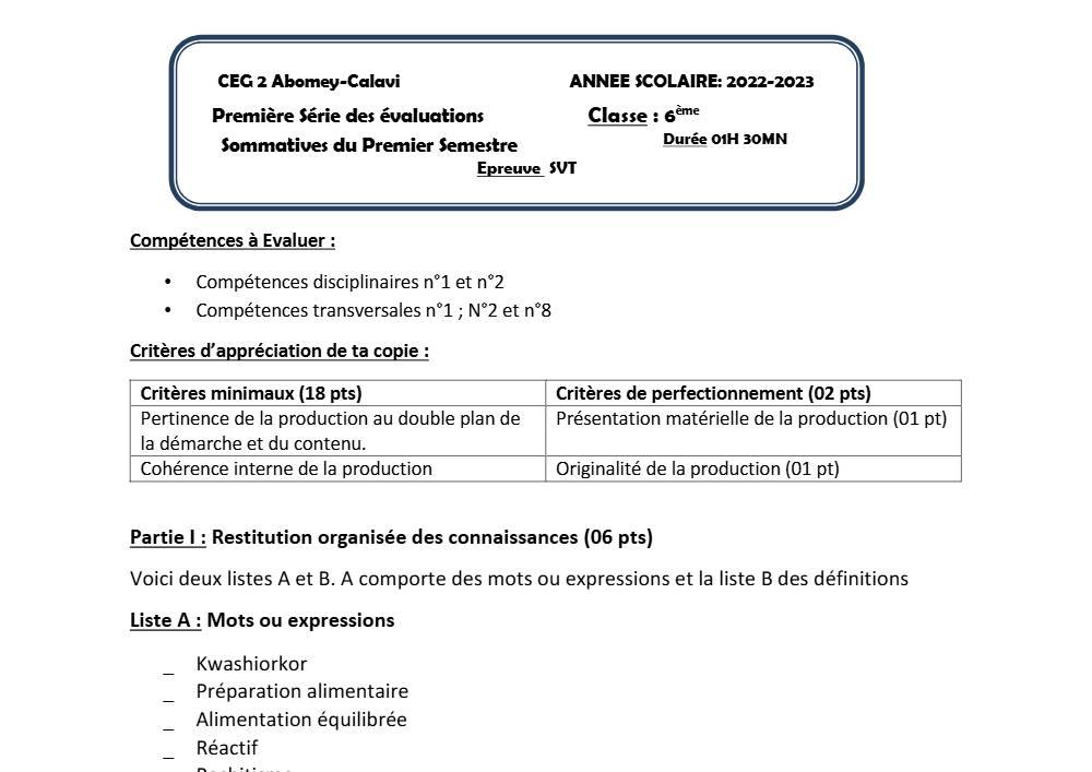 Aperçu de la première page — SVT 6e 1er Devoir 1er Semestre CEG2 Abomey Calavi 2022 2023