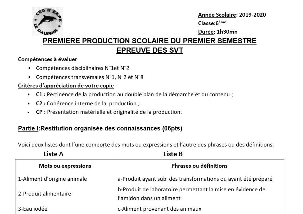 Aperçu de la première page — SVT 6e 1er Devoir 1er Semestre CEG2 Ekpe 2019 2020