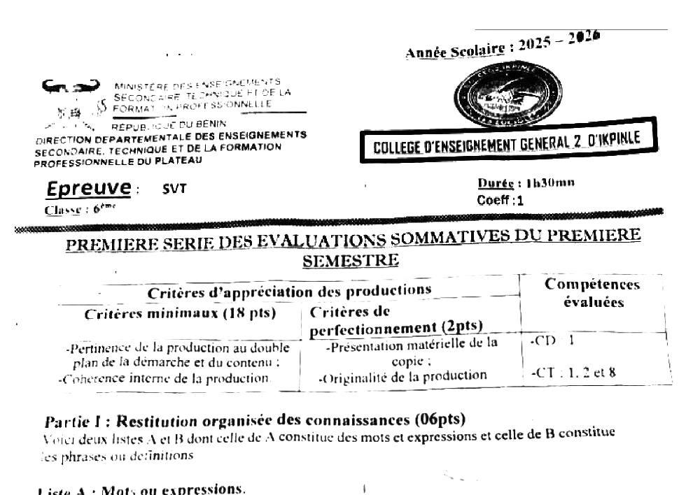 Aperçu de la première page — SVT 6e 1er Devoir 1er Semestre CEG 2 Ikpinlè 2025
