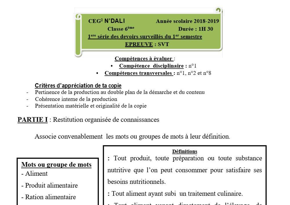Aperçu de la première page — SVT 6e 1er Devoir 1er Semestre CEG2 N'Dali 2018 2019