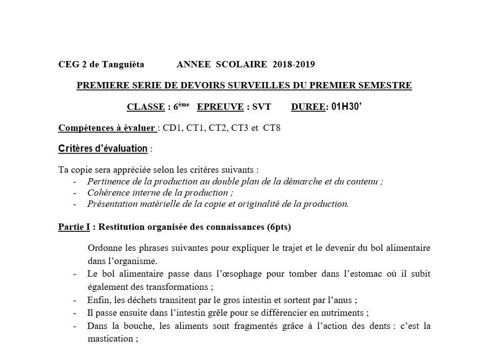 Aperçu de la première page — SVT 6e 1er Devoir 1er Semestre CEG2 Tanguieta 2018 2019 (2)