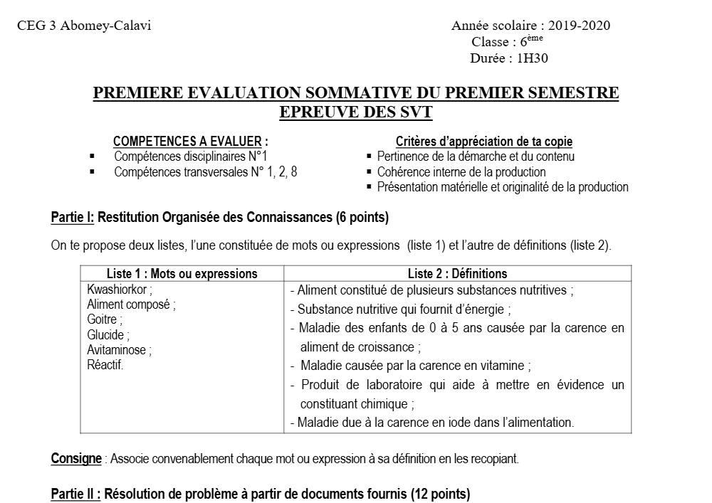 Aperçu de la première page — SVT 6e 1er Devoir 1er Semestre CEG3 Abomey Calavi 2019 2020