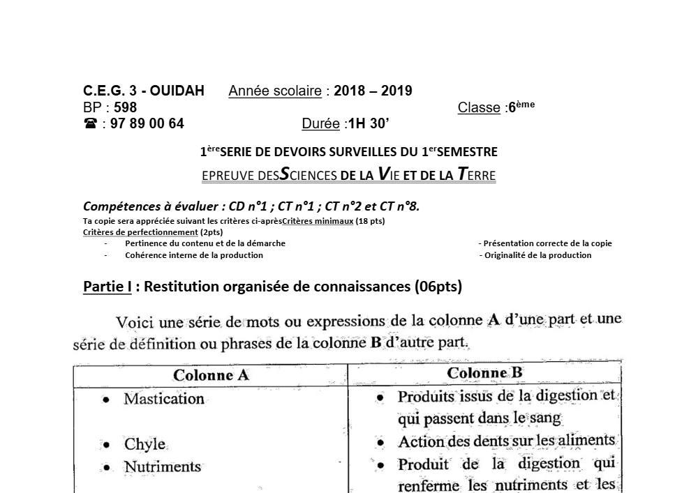 Aperçu de la première page — SVT 6e 1er Devoir 1er Semestre CEG3 Ouidah 2018 2019