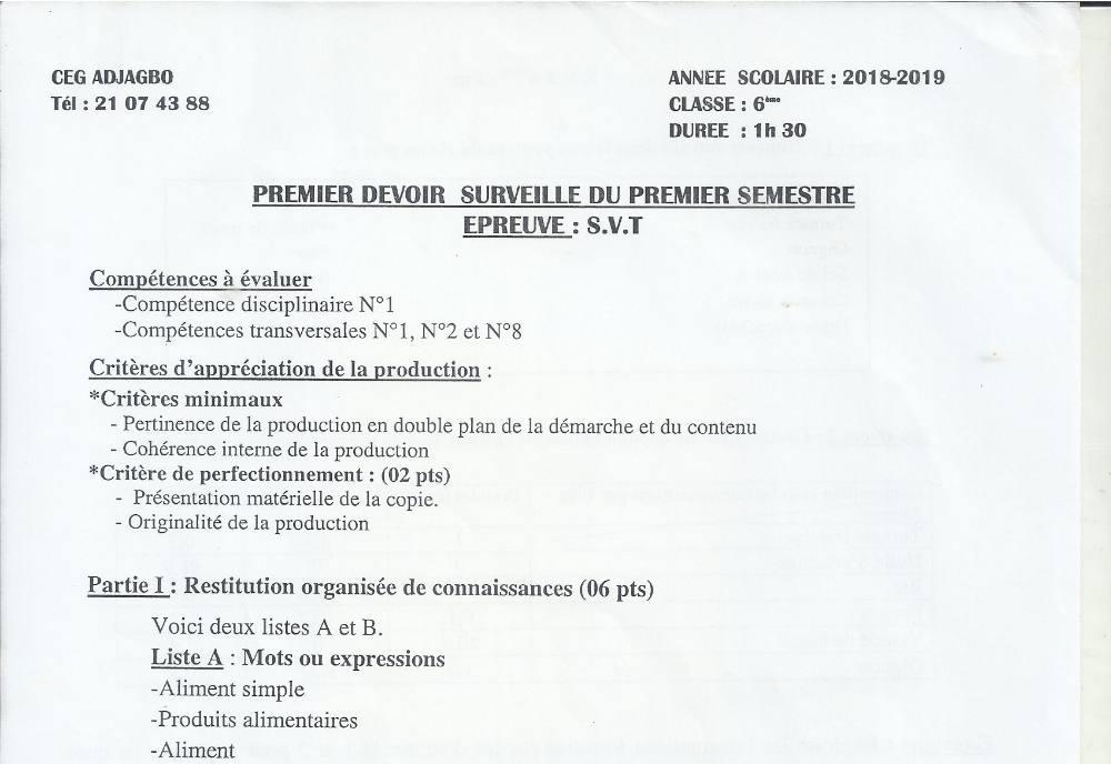 Aperçu de la première page — SVT 6e 1er Devoir 1er Semestre CEG Adjagbo 2018 2019