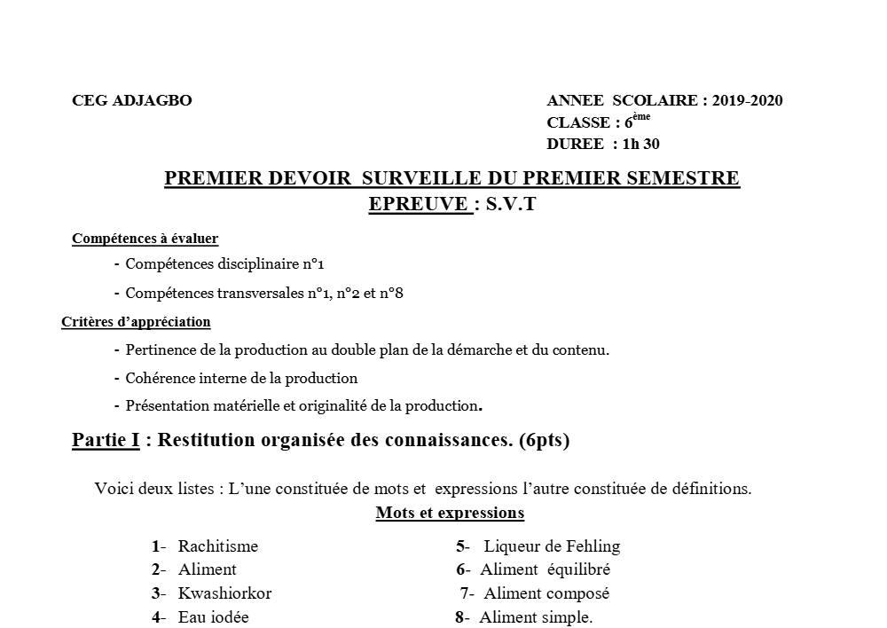 Aperçu de la première page — SVT 6e 1er Devoir 1er Semestre CEG Adjagbo 2019 2020