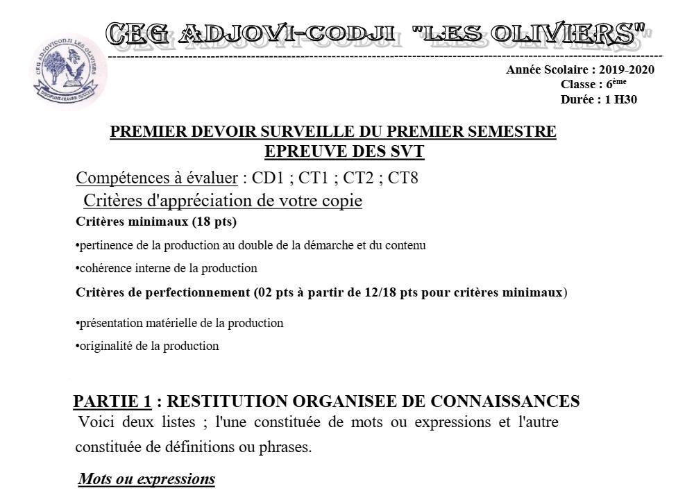 Aperçu de la première page — SVT 6e 1er Devoir 1er Semestre CEG Adjovi Codji 2019 2020